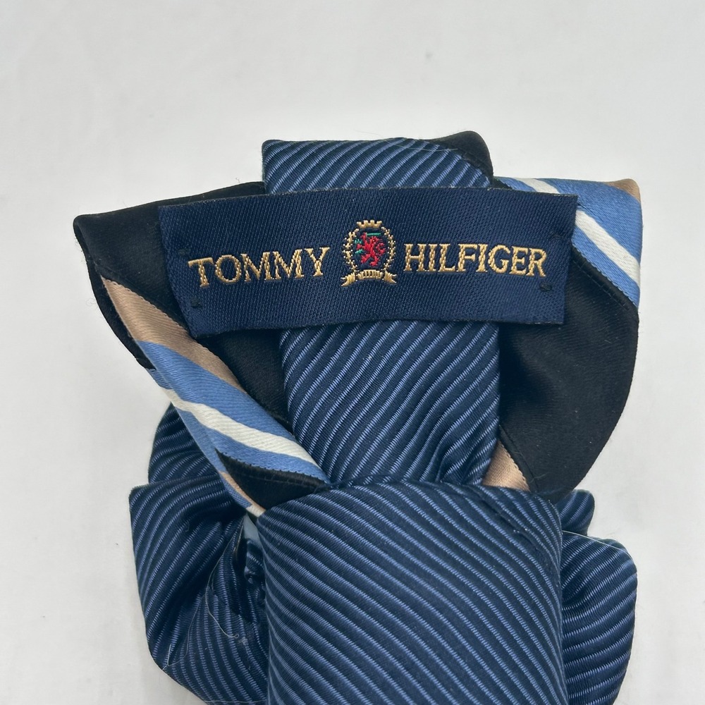 Tommy Hilfiger Repurposed Tie Necklace Set Blue Crystal Brooch Enamel Earrings - Picture 3 of 13